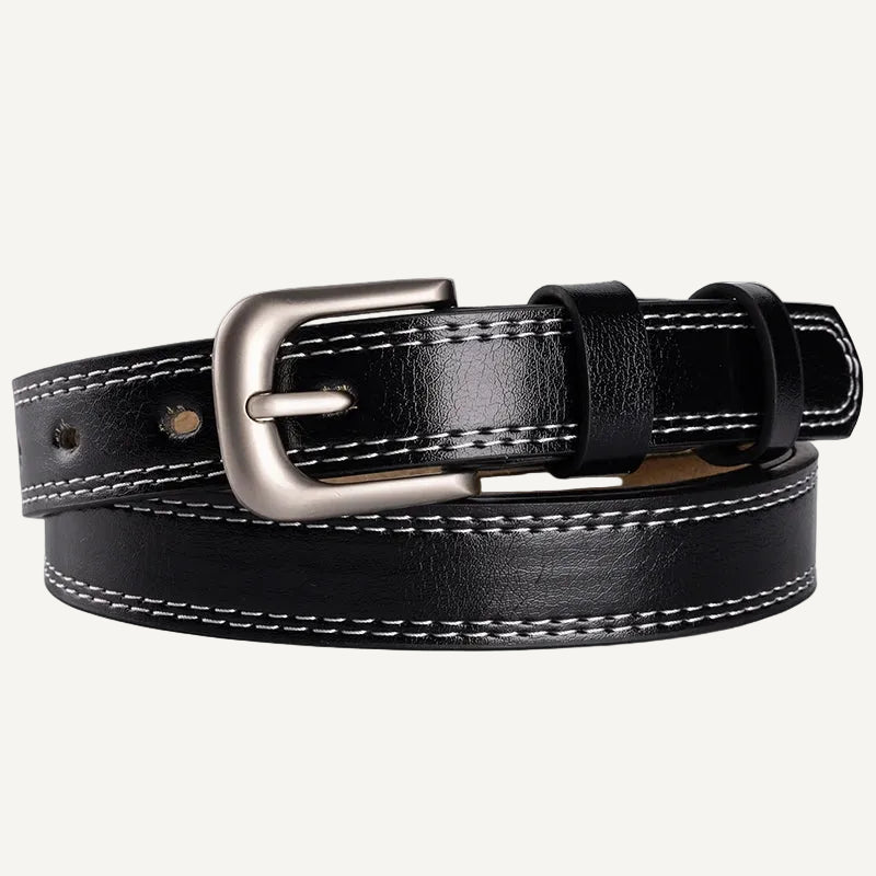 La Nathalie — Ceinture cuir surpiqué noir boucle argentée